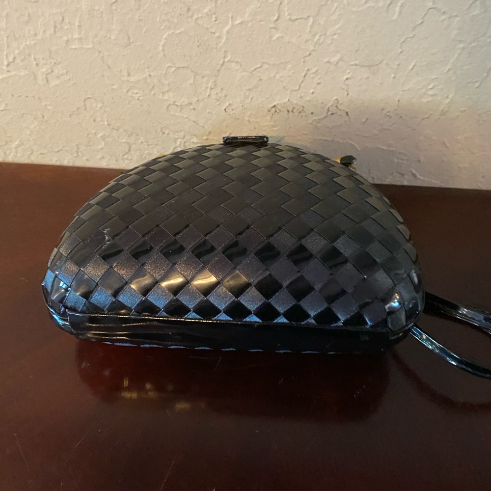 Vintage 1980's Small Black Woven Patent Leather Clutch Box Bag Crossbody Strap - Picture 7 of 10